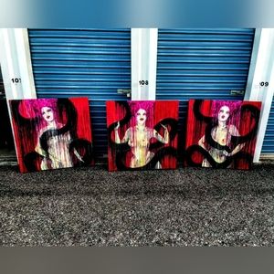 3 paintings 2015 by "Tara Sharpe" called "Sentience + Awareness" "The 3 Oracles"